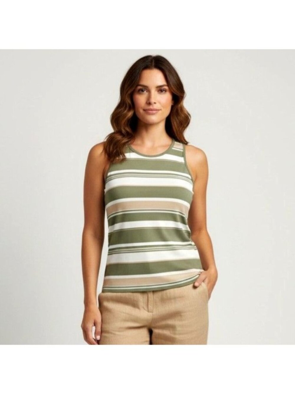 Caliville Striped Tank Top Womens Small Green Beige Business Office Stretch NWOT